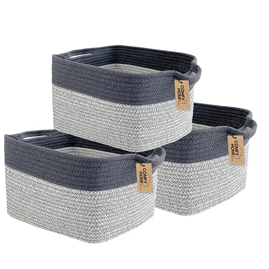 COMFY-HOMI 3Pack Cotton Rope Square Basket with Handles for Shelves|Dog Toy Storage Bin|Shoe Organizer - New 13.5" x 11" x 9.5" (Light Grey)-CubbioJoy