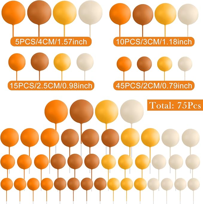 75 Pieces Cake Balls Topper Decorations Foam Cupcake Topper Mini Balloon Cake Topper Balls Cake Picks for Cake Deco Birthday Party Wedding（Orange Khaki Series）-CubbioJoy