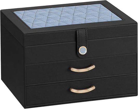 Black Jewelry Box Organizer: Home Decor for Women - 2-Drawer Holder for Valentine’s Day Birthday Christmas Black Grey-Blue-CubbioJoy