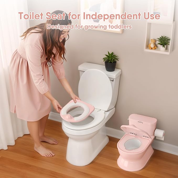2-in-1 Toddler Potty Training Toilet - Larger Potty Chair & Detachable Training Seat for Boys & Girls Ages 1-3 with Flushing Sound, Wipes Storage, Toilet Paper Holder-CubbioJoy