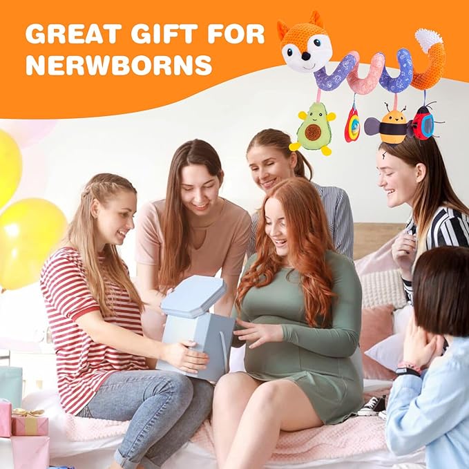 Jollybaby Baby Car Seat Stroller Toys, Plush Activity Hanging Spiral Activity Pram Crib with Music Box, Rattles, Squeaker for Babies Infant Boys Girls(Orange Fox)-CubbioJoy