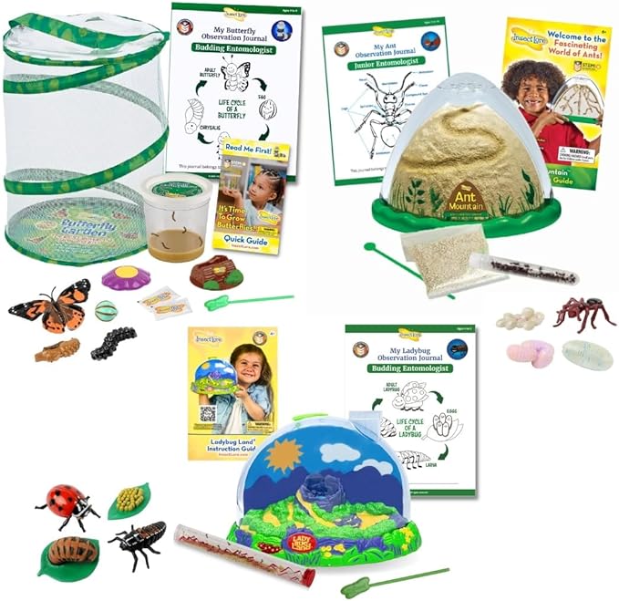 Insect Lore Bug Camp Bundle - Butterfly Kit with 5 Live Caterpillars, Ladybug Land with 1 Tube Live Larvae, Ant Mountain with 1 Tube Live Western Harvester Ants - Bonus Life Cycle Figurines & More-CubbioJoy