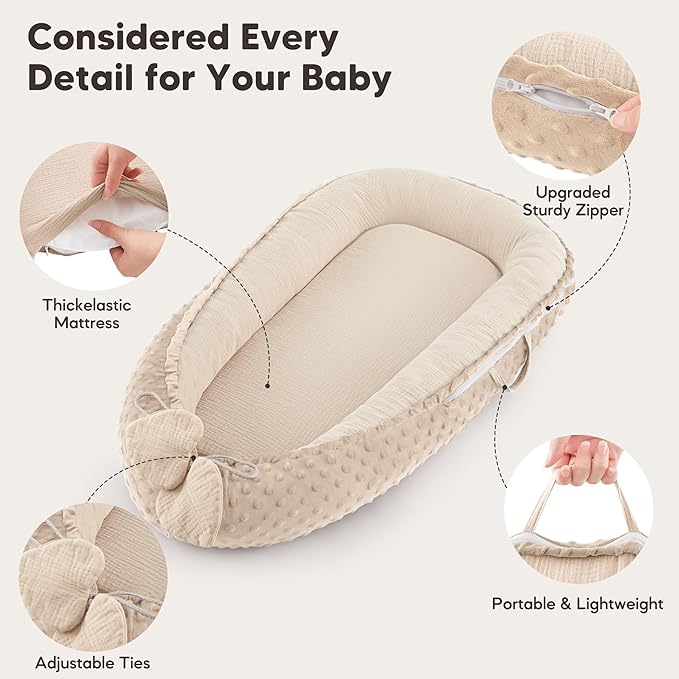 Baby Lounger - Infant Lounger Pillow for Newborn 0-24 Months, Soft, Breathable & Portable Baby Lounger Pillow for Boys & Girls, Cozy Baby Floor Seat for Home & Travel (Beige)-CubbioJoy