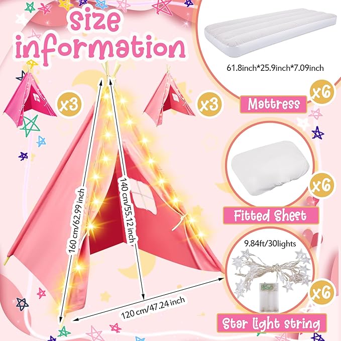 6 Pack Sleepovers Teepee Tent for Kids Bulk with Mattress Sheet Light,Natural Cotton Washable Indoor Play Tent for Birthday Slumber Party Girls Boys Pajama Movie Night Supplies(Pink, Rose Red)-CubbioJoy
