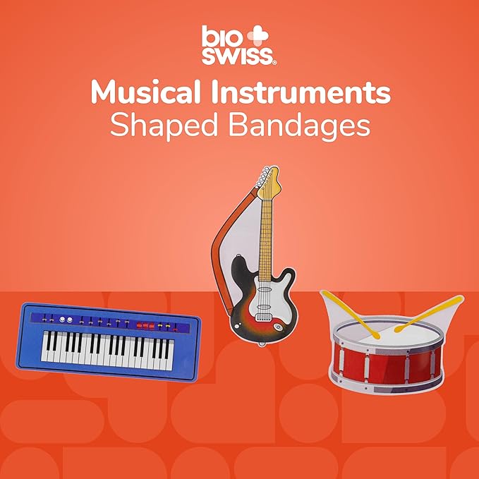 BioSwiss Bandages, Musical Instruments Shaped Self Adhesive Bandage, Latex Free Sterile Wound Care, Fun First Aid Kit Supplies for Kids and Adults, 24 Count-CubbioJoy