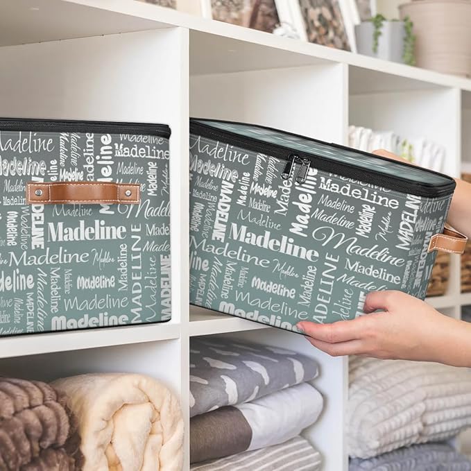 Custom Storage Basket with Name, Personalized Storage Bins with Zipper Lid, Foldable Fabric Storage Box Large capacity with Handle Gradient Grey Green-CubbioJoy