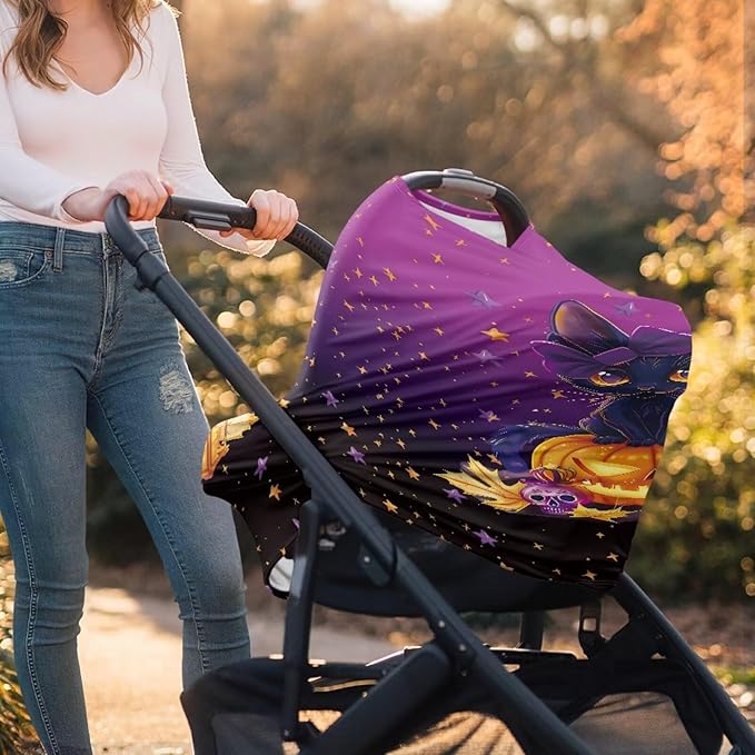 Binienty Black Cat Car Seat Covers for Babies Galaxy Pumpkin Cats Moon Nursing Covers Stretchy Breastfeeding Scarf Multi Use Carseat Covers for Stroller-CubbioJoy