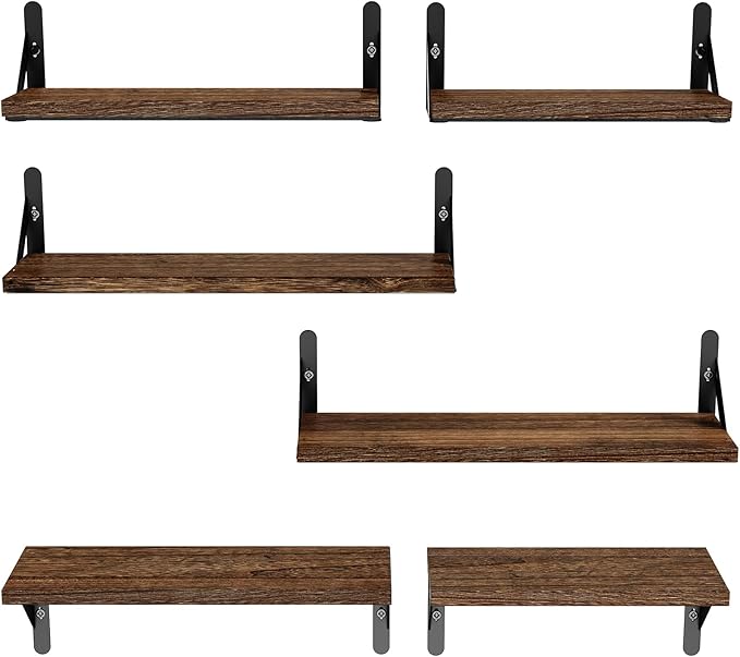 AMADA HOMEFURNISHING Wall Shelves Set of 6, Rustic Farmhouse Floating Shelves for Bedroom, Bathroom & Living Room, Brown Wood-CubbioJoy