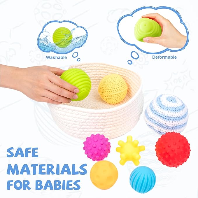 Adena Montessori 8 Pack Sensory Balls for Toddlers 1-3,Sensory Baby Toys 6-12 Months,Infant Educational Squeeze Sensory Toy Soft Multi Ball Set Gifts with Bright Color Textured with White Woven Basket-CubbioJoy