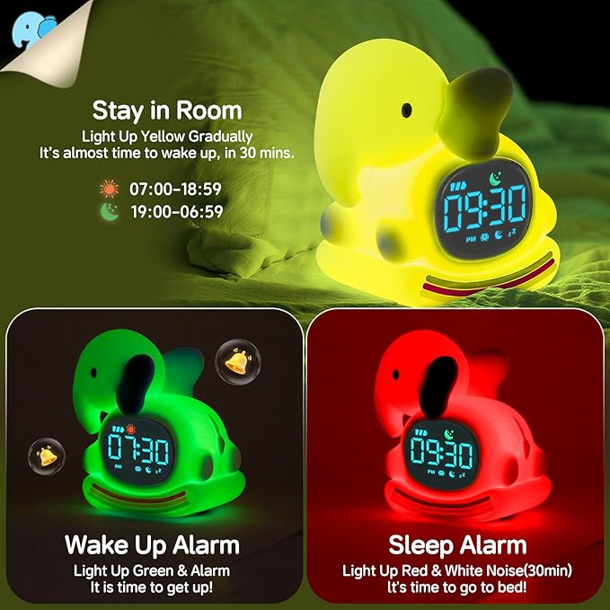 Alarm Clock for Kids with Night Light, Sleep Training Clock Time to Wake Clock, Rechargeable Silicone Light for Bedroom, Perfect Sleep Companion for Boys Girls，Blue Elephant-CubbioJoy