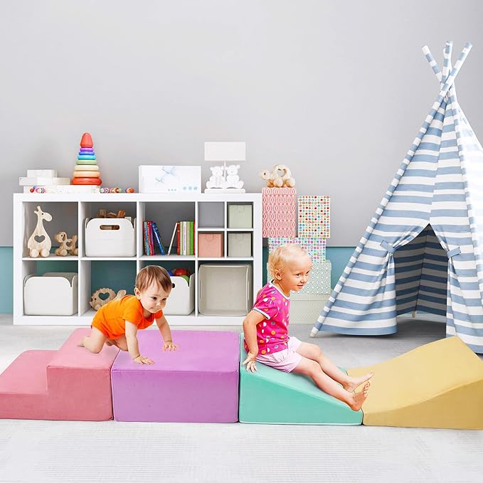 6-Piece Soft Suede Toddlers Climbing Toys, Baby Foam Climbing Blocks, Waterproof Foam Play Gym Climber Structures for Toddler Babies, Indoor Climb and Crawl Activity Play Set-CubbioJoy