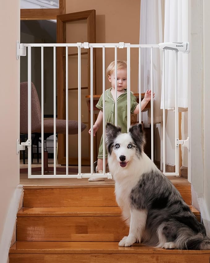 Babelio 26-43" No Bottom Bar Baby Gate for Babies, Elders and Pets, 2-in-1 Hardware Mount Dog Gate for The House, Stairs and Doorways, with Large Walk Thru Door, White-CubbioJoy