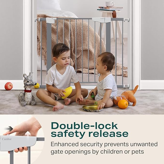 Cumbor 29.7"-40.6" Baby Gate for Stairs, Mom's Choice Awards Winner-Dog Gates for Doorways, Pressure Mounted Auto-Close Pet Gates for Dogs Indoor, Safety Child Gate with Easy Walk Thru Door, Gray-CubbioJoy