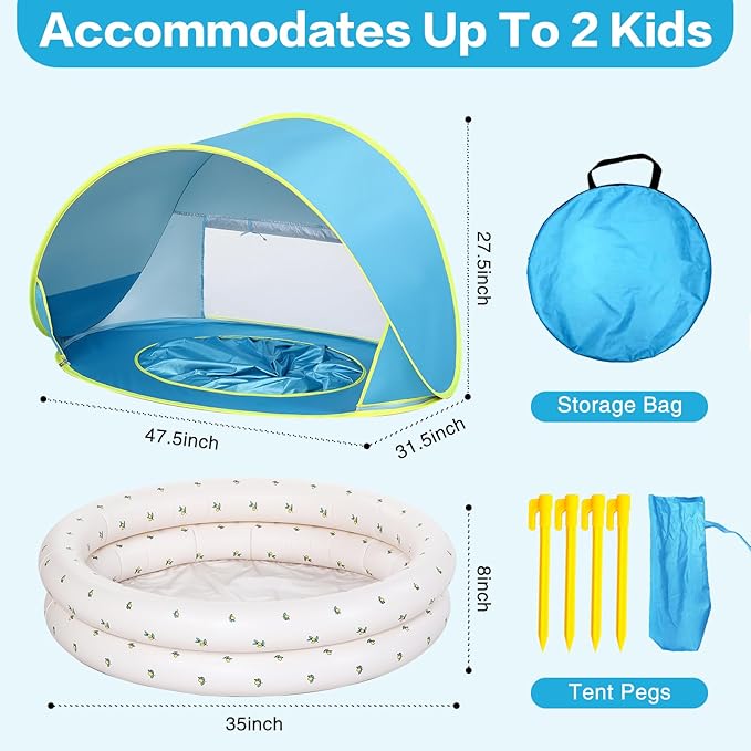 Baby Beach Tent Canopy: with Inflatable Kiddie Swimming Pool Toys - UPF50+ UV Protection Pop Up Sun Shelter Tent & Small Pool - Beach Essentials for Infant Toddlers-CubbioJoy