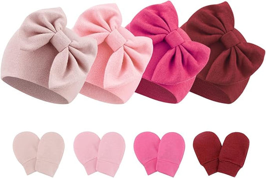BQUBO Newborn Baby Hats Mittens Set Hospital Hat Beanie Infant Bow Hats Baby Gloves No Scratch Mittens for 0-6 Months-CubbioJoy