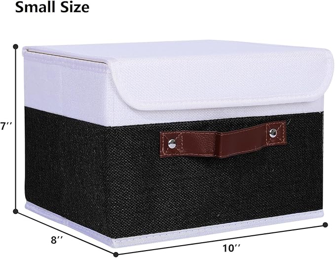 ANMINY 4PCS Storage Boxes with Lid Washable Decorative Storage Bins Basket with PU Leather Handle Foldable Linen Fabric Storage Cubes Containers for Home Closet Organizer - Black White, Small Size-CubbioJoy