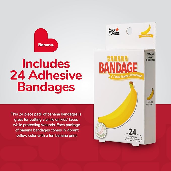 BioSwiss Bandages, Banana Shaped Self Adhesive Bandage, Latex Free Sterile Wound Care, Fun First Aid Kit Supplies for Kids, 24 Count-CubbioJoy