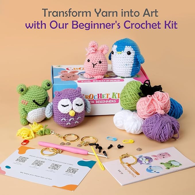 A-URA Learn to Crochet Kit for Beginners Kids and Adults, Premium 4 Animal Pattern Beginner Crochet Kits with Easy Tube Yarn & Step-by-Step Video Tutorials (Forest Friends–Standard Size)-CubbioJoy