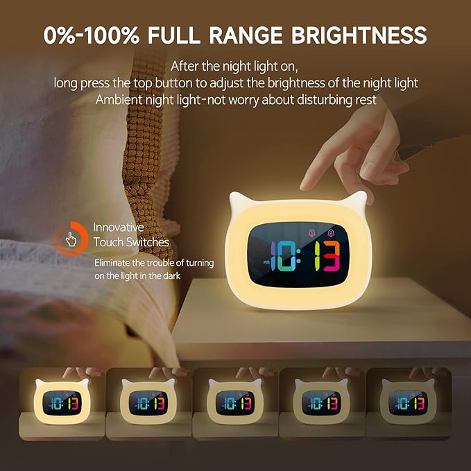 Cute Cat Ear Alarm Clock with RGB 7 Color Night Light & 18 Ringtones,Rechargeable Clock for Kids Bedroom,LED Colorful Digital Display,Bedside Clock for Boys,Girls Birthday Presents(White)-CubbioJoy
