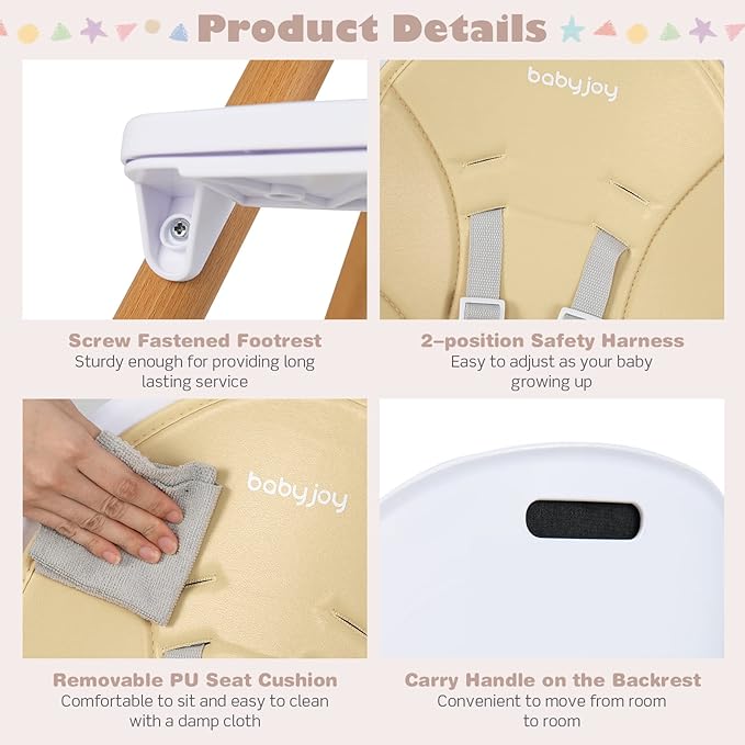 BABY JOY Convertible Baby High Chair, 3 in 1 Wooden Highchair/Booster/Chair with Removable Tray, Adjustable Legs, 5-Point Harness, PU Cushion and Footrest for Baby, Infants, Toddlers (Beige)-CubbioJoy