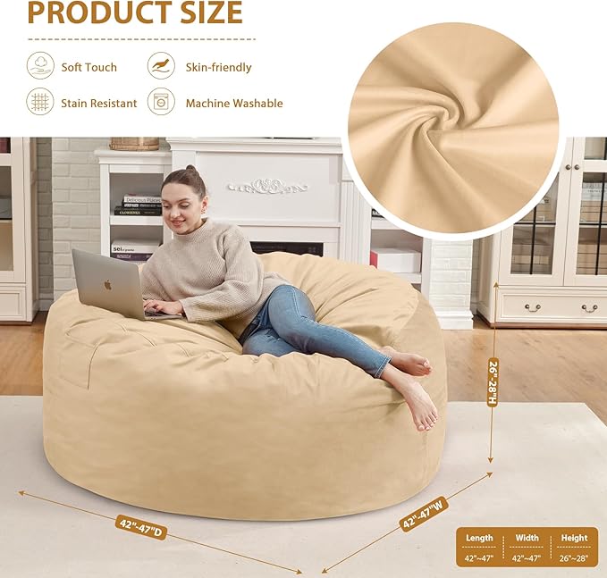 4FT Bean Bag Chair, Large Bean Bag Chairs with Memory Foam Filled, Fluffy Beanbag Sofa with Dutch Velvet Cover, Round BeanBag Chairs for Living Room, Playroom - Khaki-CubbioJoy