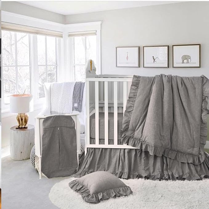 Brandream Crib Bedding Set 3 Pieces Ultra Soft 100% Cotton Bohemian Neutral Solid Grey Crib Comforter, Crib Sheet, Crib Skirt, Farmhouse Chic Ruffle Baby Girl Boys Nursery Bedding-CubbioJoy