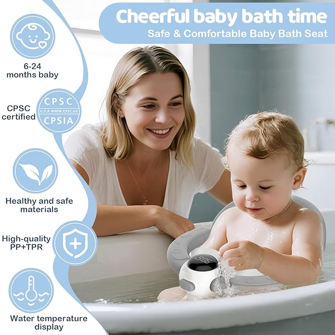 Baby Bath Seat-for Babies 6 Months & up, Water Temperature Display+Soft Cushion, Non-Slip Toddler Bath Seat for Baby, Sit Up Bath Seat for Baby, Grey-CubbioJoy