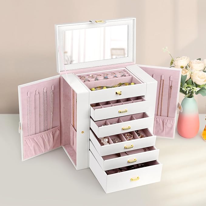 Kendal Extra Large Jewelry Box Jewelry Case PU Leather 6 Tier 5 Drawers Large Storage Capacity with Mirror Jewelry Storage Organizer Great Gift Also Good For Watches LJC-SHD5CM(White)-CubbioJoy