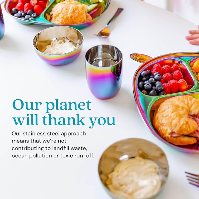 Ahimsa Stainless Steel Kids Dinnerware Set - 5 Piece Stainless Steel Toddler Plates and Bowls Set, Pediatrician Designed, Non Toxic Toddler Plate and Bowl, Kids Utensils and Cup (Rainbow)-CubbioJoy