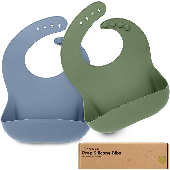 KeaBabies 2-Pack Silicone Baby Bibs for Eating - Sturdy Food-Grade Silicone Bibs for Babies Girl, Boy, Large Food Catcher, Clean & Put On Easily, Waterproof Toddler Feeding Essentials (Slate)-CubbioJoy