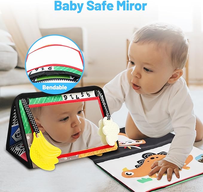 Baby Mirror Toys for Tummy Time, Newborn Infant 0 3 4 6 12 Months Old Boy, Girl Gift. Brain Developmental Montessori Sensory High Contrast Crinkle Book w Safe Mirror for Floor, Crib, Car, Bouncer-CubbioJoy