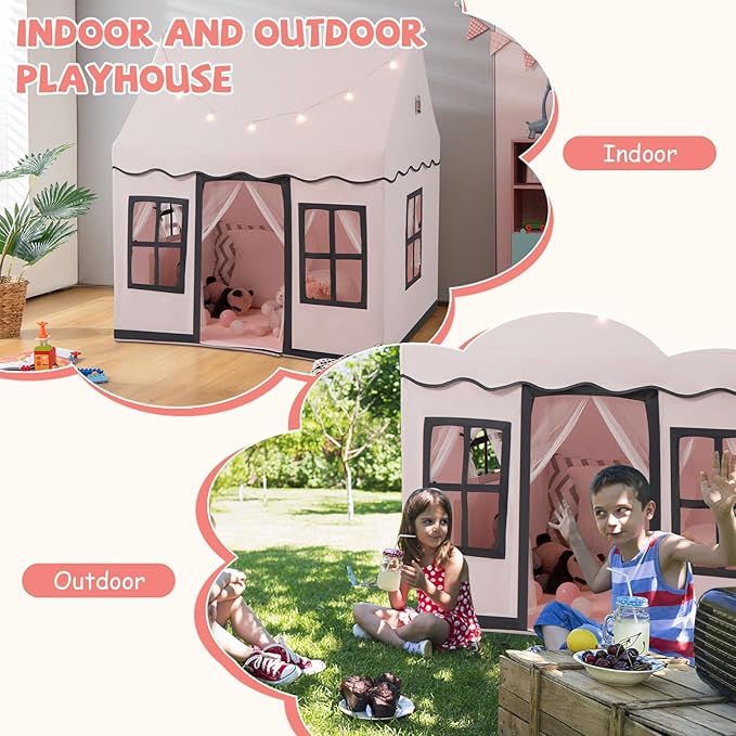 INFANS Kids Play Tent with Washable Mat Star Light Windows, Anti-Trip Large Playhouse Toys for Children Boys Girls, Indoor Outdoor Princess Tents Castle for Toddlers (Pink)-CubbioJoy