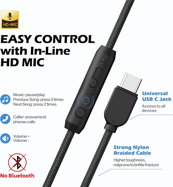 AILIHEN C8 USB-C Headphones Wired - Kids Headphones with Microphone & Volume Control, Foldable Stereo Sound Tangle-Free Type C Cord, Compatible with Cellphone, Laptop, PC (Black Blue)-CubbioJoy