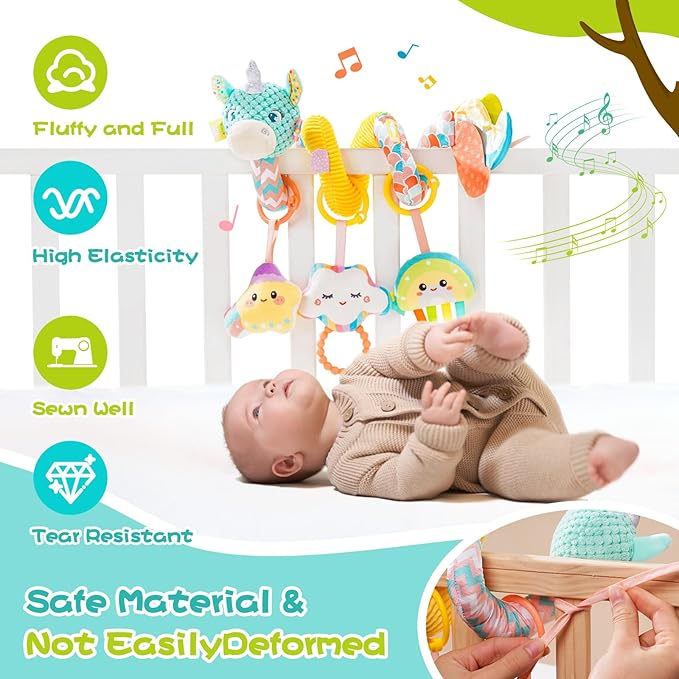 Car Seat Toys for Babies 0-6 Months, Hanging Spiral Stroller Toys, Infant Newborn Brain Development With Music Crinkle Teether Rattle for Baby Boy Girl 0-3-12 Months-CubbioJoy