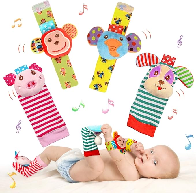 Infant Rattle Socks Toys 0 to 12 Months, Baby Wrist Rattle Foot Finder Socks Set, Birthday Holiday Present for Newborn Boy Girl 0/3/4/6/7/8/9/12/18 Months Kids Toddler, Gift Box Package (4A)-CubbioJoy