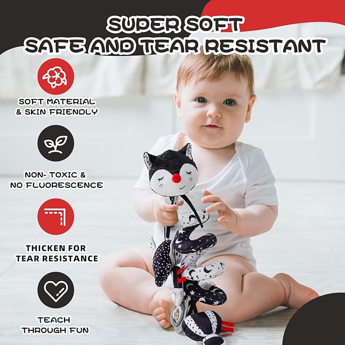 Jollybaby Crib Stroller Car Seat Toys for Baby 0-3-6-9-12 Months, Tummy Time Hanging Sensory Toys for Newborn with Music Box and Teether, Spiral Carseat Toy for Infant Boy Girl Gift (Black and White)-CubbioJoy