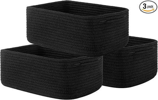 KALLAX Small Woven Basket, 13.5 x 9.5 x 5 Inches, Storage Basket for Organizing, Cute Small Rope Shelf Closet Cube Storage Bins Baskets for Shelves, Dog Toy Gift Baskets Empty, 3 Packs, Black-CubbioJoy