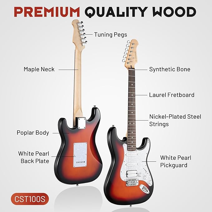 CAHAYA Electric Guitar Kit 39in - Full Size Electric Guitar Kit for Beginner Starter Poplar Solid Body with 10W Amplifier, Gig Bag, Strap, Tuner, Cable, String, Picks-CubbioJoy