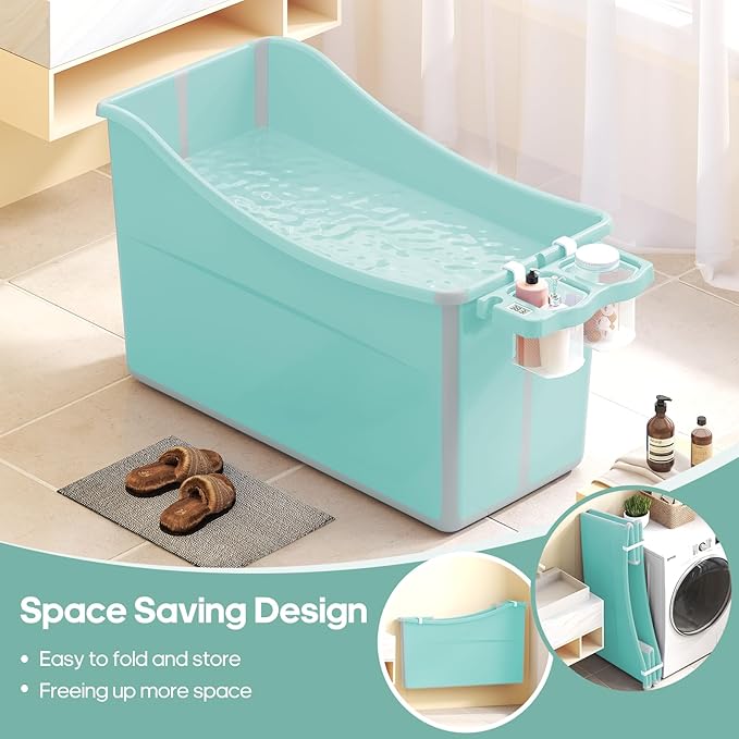 Collapsible Baby Bathtub Foldable Bathtub for Toddler Portable Large Foldable Bath Tub Bathtub for Kids Petite with Thermometer and Storage Basket (Green)-CubbioJoy