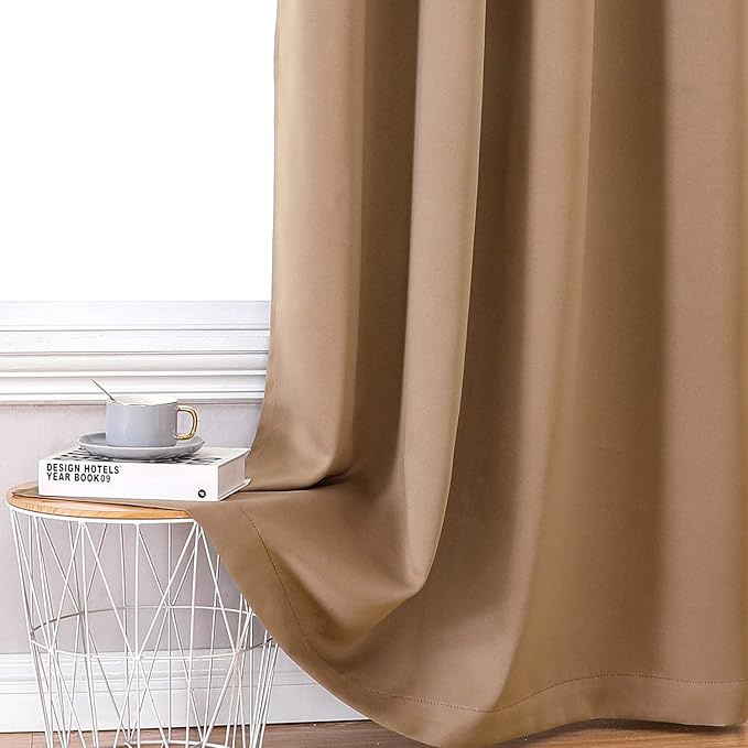 ChrisDowa 100% Blackout Curtains for Bedroom with Black Liner, 2 Thick Layers Total Blackout Thermal Insulated Grommet Small Window Curtains 2 Panels Set (Cappuccino, 42 x 45 Inch)-CubbioJoy