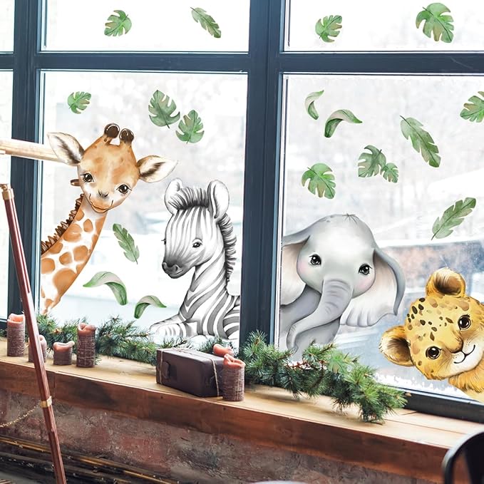 22.44 x 21.25 Inch Watercolor Jungle Animal Window Clings Tiger Lion Elephant Zebra Window Stickers Double-Side Safari Animal Window Stickers for Baby Nursery Playroom Bedroom Window Glass Wall Decor-CubbioJoy