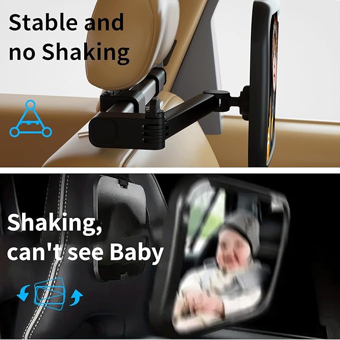 Baby Car Mirror Rear Facing, Safety Adjustable Car Seat Mirror for Baby Extendable Camera Monitor with Hook Clip Design Clear View ShatterProof + 2 Baby on Board Stickers,2 Seat Headrest Hook-CubbioJoy