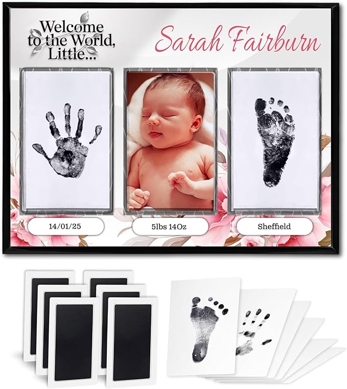 Baby Hand and Footprint Kit with Photo & Birth Details, Inkless Hand and Footprint Kit, Newborn Keepsake Plaque, Baby Shower Gifts (STYLE 1 (Fully Personalized) (Welcome To The World - Baby Girl))-CubbioJoy