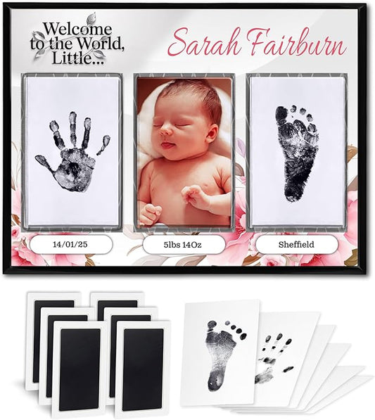 Baby Hand and Footprint Kit with Photo & Birth Details, Inkless Hand and Footprint Kit, Newborn Keepsake Plaque, Baby Shower Gifts (STYLE 1 (Fully Personalized) (Welcome To The World - Baby Girl))-CubbioJoy