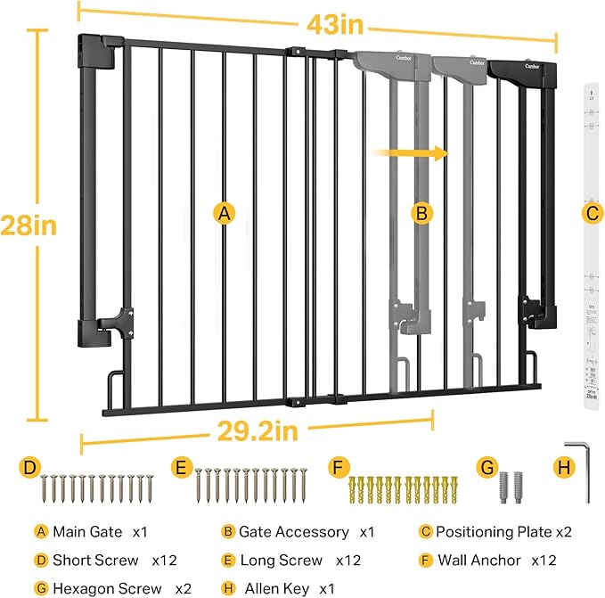 Cumbor 29.2-43" No Bottom Bar Baby Gate for Stairs, 2-in-1 Hardware Mounted Dog Gate Indoor, Wide Pet Gates for Doorway with Large Walk Thru Door, Child-Proof Gate for Top & Bottom of Stairs(Black)-CubbioJoy