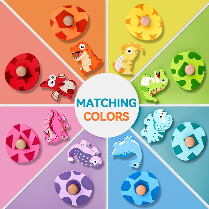 Dinosaur Wooden Puzzles for Toddlers 1-3, Montessori Toys for 1 2 Year Old Boy Birthday Gifts, Dinosaur Matching Eggs Peg Puzzles for Toddlers Age 2-4, Preschool Learning Activities for Girls-CubbioJoy