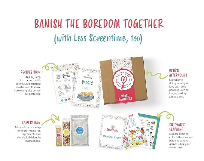 Baketivity Kids Baking Set, Meal Cooking Party Supply Kit for Teens, Real Fun Little Junior Chef Essential Kitchen Lessons, Includes Pre-Measured Ingredients (Baketivity Kit, Bagels)-CubbioJoy