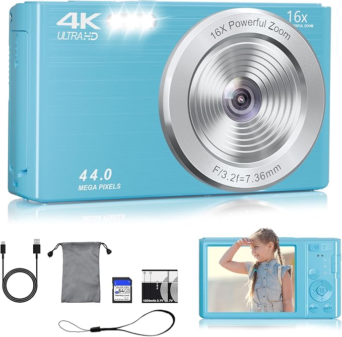 Digital Camera,4K Vlogging Camera for YouTube Autofocus 44MP FHD Camera,16X Digital Zoom Cheap Point and Shoot Digital Camera with 64GB Card for Kids Boys Girls Teens Adult Beginners,2 Batteries(Blue)-CubbioJoy