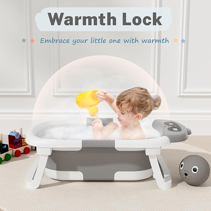 AVIDOR Baby Bathtub,Collapsible Bathtub for Newborn to Toddler,Durable Essential Infant Bath Tub,Portable Travel Baby Tub with Soft Bath Net,No-Slip Feet and Dinosaur Shaped (Grey)-CubbioJoy