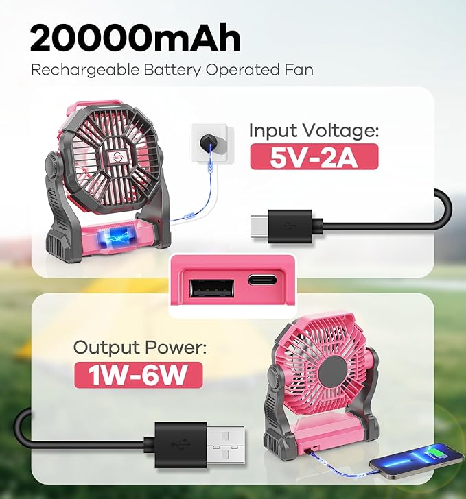 20000mAh Portable Battery Powered Camping Fan - with LED Light, Quiet Battery Operated, Camping Gear for Travel, Tent, Beach, Car or Hurricane Power Outages, Pink-CubbioJoy